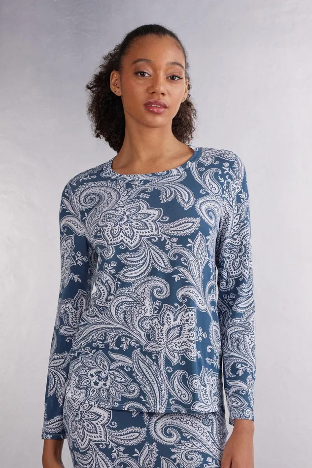 Intimissimi Long Pajamas Women Flower Paisley Bamboo Viscose Long Sleeve Top Blue 661j 8211 Stampa Flower Paisley Intimissimi Long Pajamas Women Flower Paisley Bamboo Viscose Long Sleeve Top Blue 661j 8211 Stampa Flower Paisley