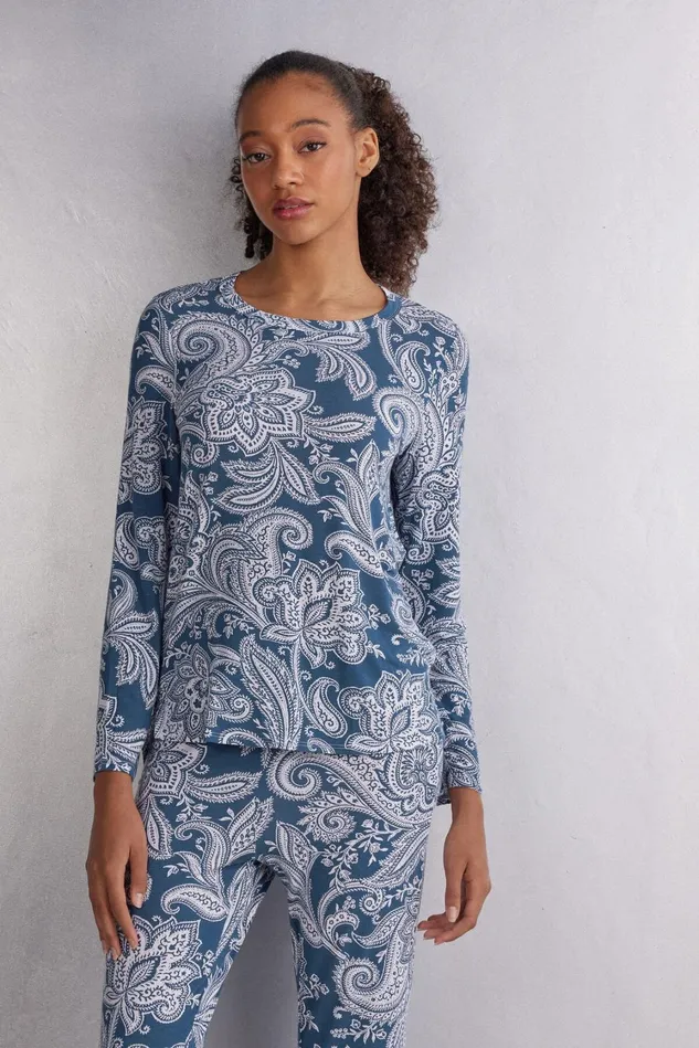 Intimissimi Long Pajamas Women Flower Paisley Bamboo Viscose Long Sleeve Top Blue 661j 8211 Stampa Flower Paisley
