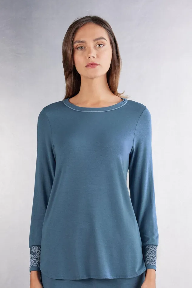 Intimissimi Long Pajamas Women Pretty Flowers Modal Top Blue 658j 8211 Lapis Blue