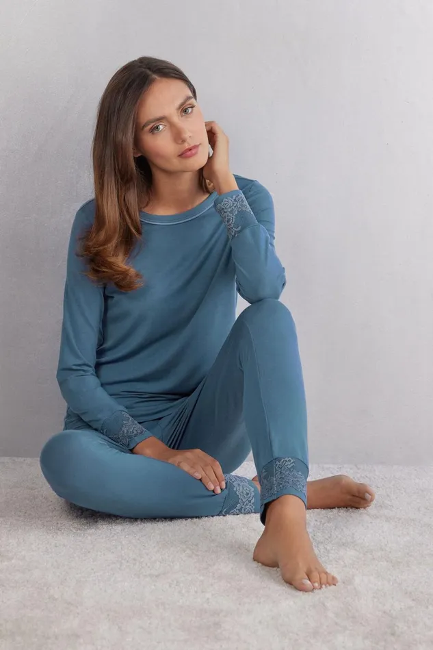 Intimissimi Long Pajamas Women Pretty Flowers Modal Top Blue 658j 8211 Lapis Blue