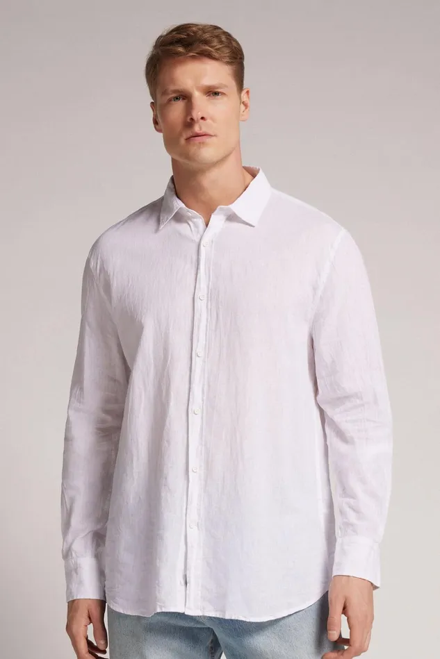 Intimissimi Long Sleeve Tops Men Linen And Cotton Shirt White 001 8211 White
