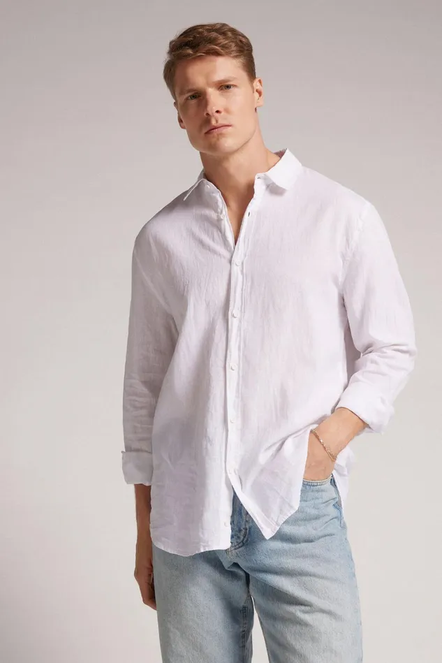 Intimissimi Long Sleeve Tops Men Linen And Cotton Shirt White 001 8211 White