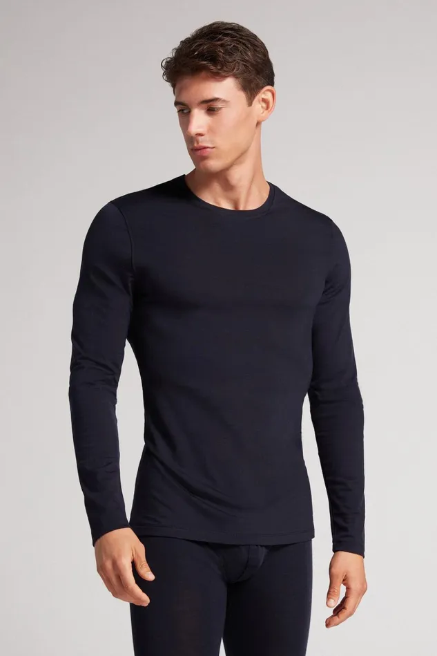 Intimissimi Long Sleeve Tops Men LongSleeve CrewNeck MerinoWool Top Blue 800 8211 Blu Notte
