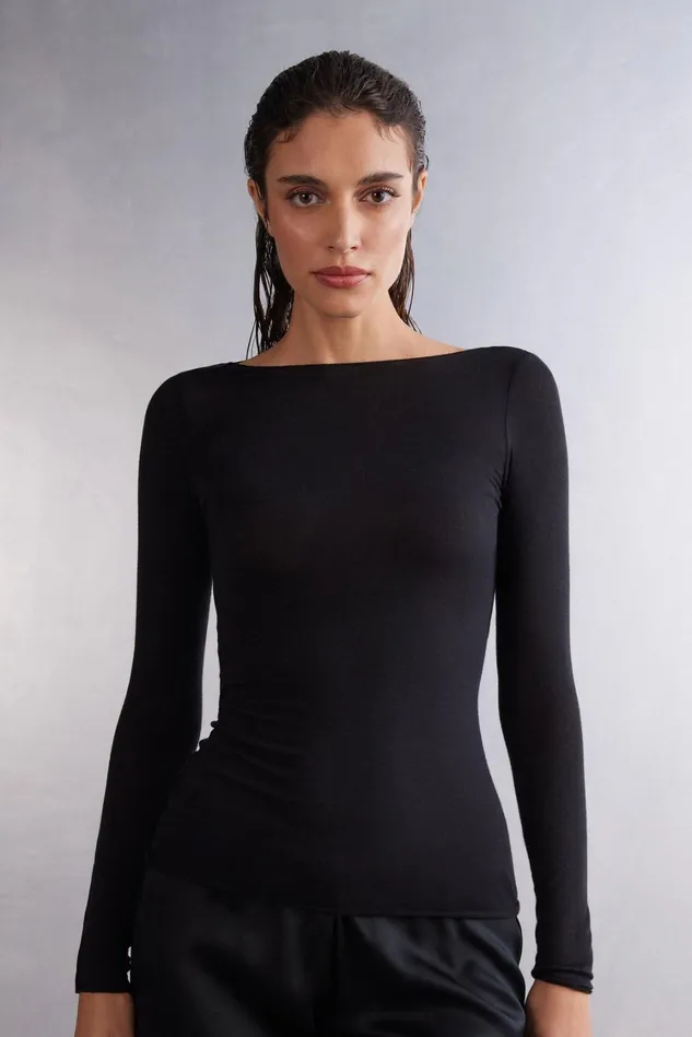 Intimissimi Long Sleeve Tops Women Boat Neck Modal Cashmere Ultralight Top Black 019 8211 Black Intimissimi Long Sleeve Tops Women Boat Neck Modal Cashmere Ultralight Top Black 019 8211 Black