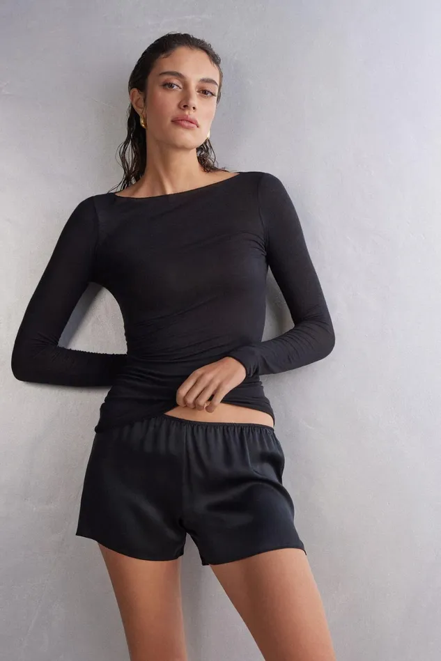 Intimissimi Long Sleeve Tops Women Boat Neck Modal Cashmere Ultralight Top Black 019 8211 Black