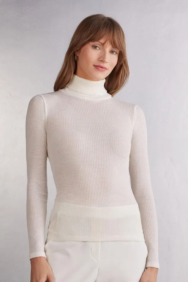 Intimissimi Long Sleeve Tops Women LongSleeve HighNeck Tubular Top In Wool And Silk Ivory 2127 8211 Talc White Intimissimi Long Sleeve Tops Women LongSleeve HighNeck Tubular Top In Wool And Silk Ivory 2127 8211 Talc White