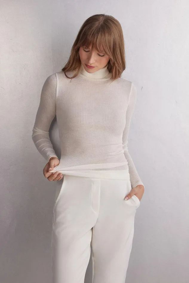 Intimissimi Long Sleeve Tops Women LongSleeve HighNeck Tubular Top In Wool And Silk Ivory 2127 8211 Talc White
