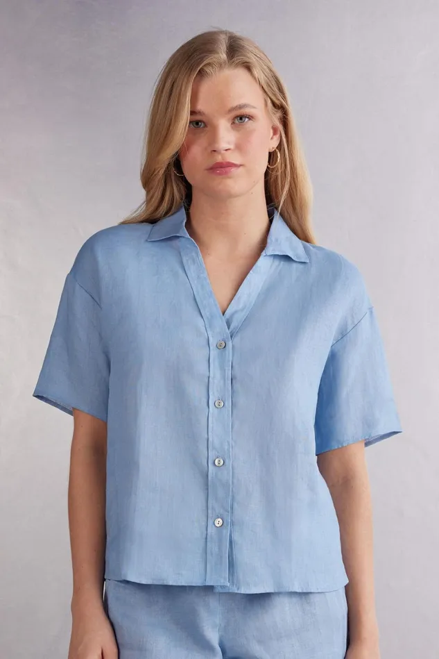 Intimissimi Shirts Women Short Sleeve Linen Cloth Shirt Light Blue 550j 8211 Dreamy Blue Intimissimi Shirts Women Short Sleeve Linen Cloth Shirt Light Blue 550j 8211 Dreamy Blue