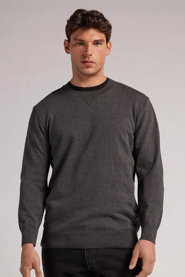 Intimissimi Sweatshirts Men Long Sleeve Knit Crewneck Grey 040 8211 Dark Grey Blend