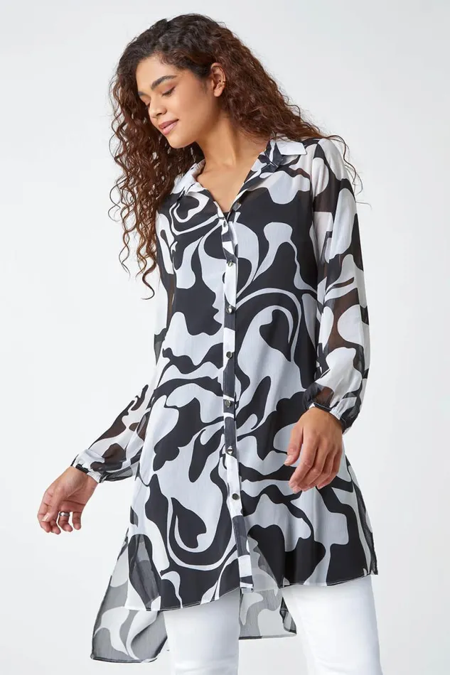 Ivory Abstract Print Longline Blouse Women Roman Tops