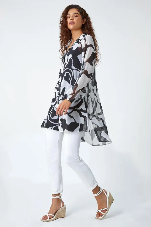 Ivory Abstract Print Longline Blouse Women Roman Tops