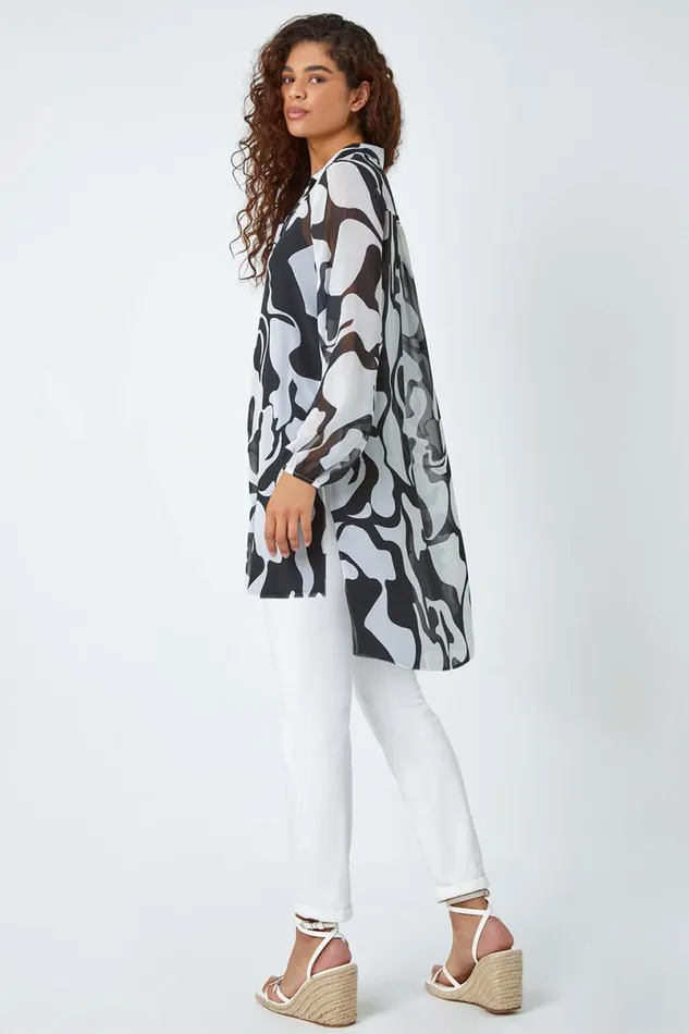 Ivory Abstract Print Longline Blouse Women Roman Tops