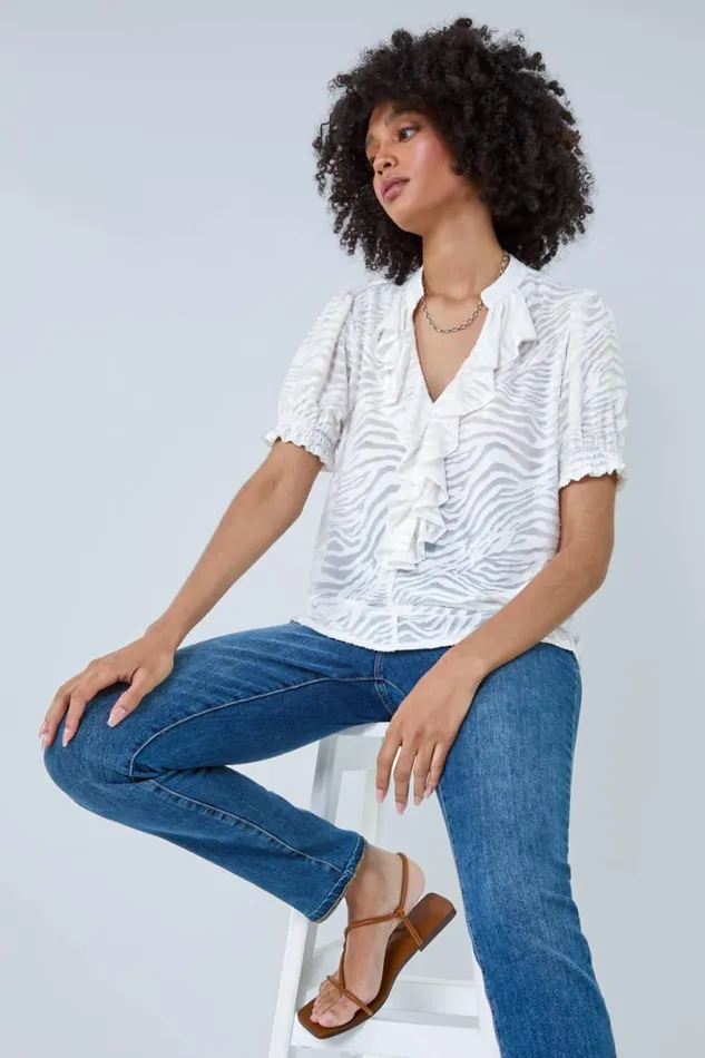 Ivory Animal Jacquard Frill VNeck Stretch TShirt Women Roman Tops