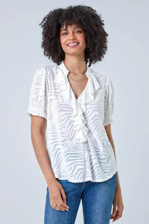 Ivory Animal Jacquard Frill VNeck Stretch TShirt Women Roman Tops