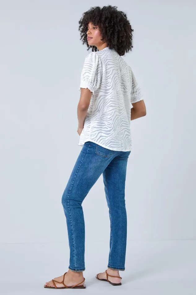 Ivory Animal Jacquard Frill VNeck Stretch TShirt Women Roman Tops