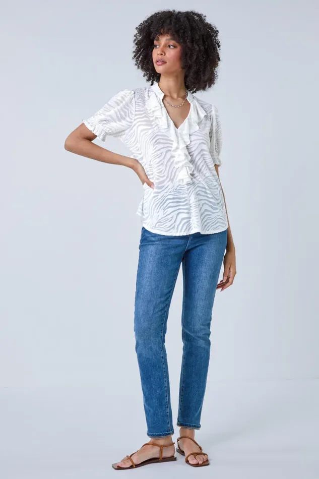Ivory Animal Jacquard Frill VNeck Stretch TShirt Women Roman Tops