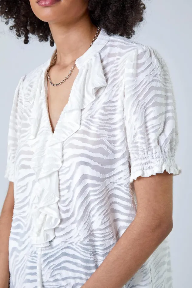 Ivory Animal Jacquard Frill VNeck Stretch TShirt Women Roman Tops