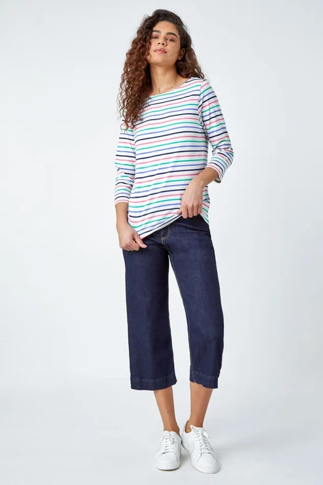 Ivory Cotton Stripe Print Top Women Roman Tops