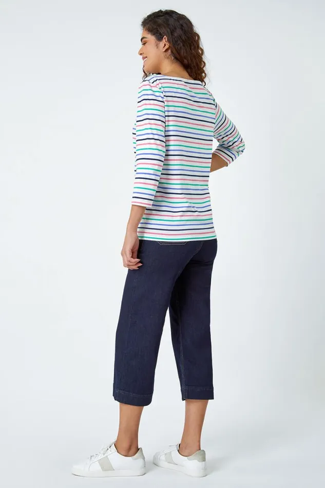 Ivory Cotton Stripe Print Top Women Roman Tops