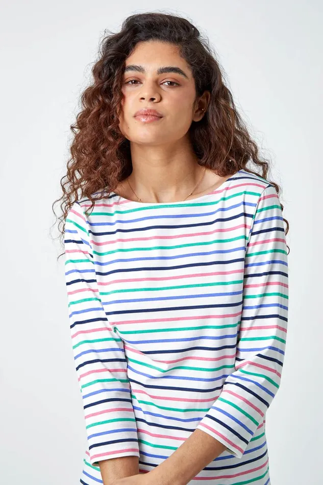 Ivory Cotton Stripe Print Top Women Roman Tops