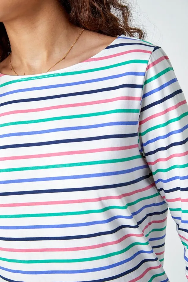 Ivory Cotton Stripe Print Top Women Roman Tops