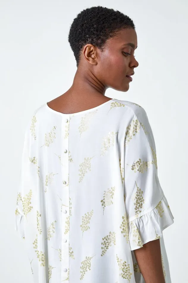 Ivory Metallic Foil Floral Button Back Top Women Roman Tops