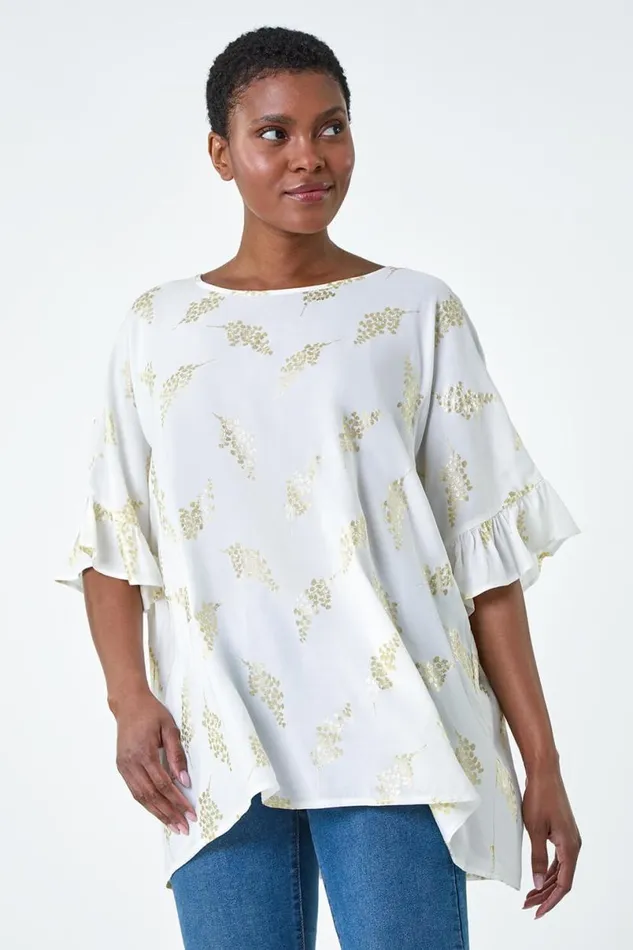Ivory Metallic Foil Floral Button Back Top Women Roman Tops