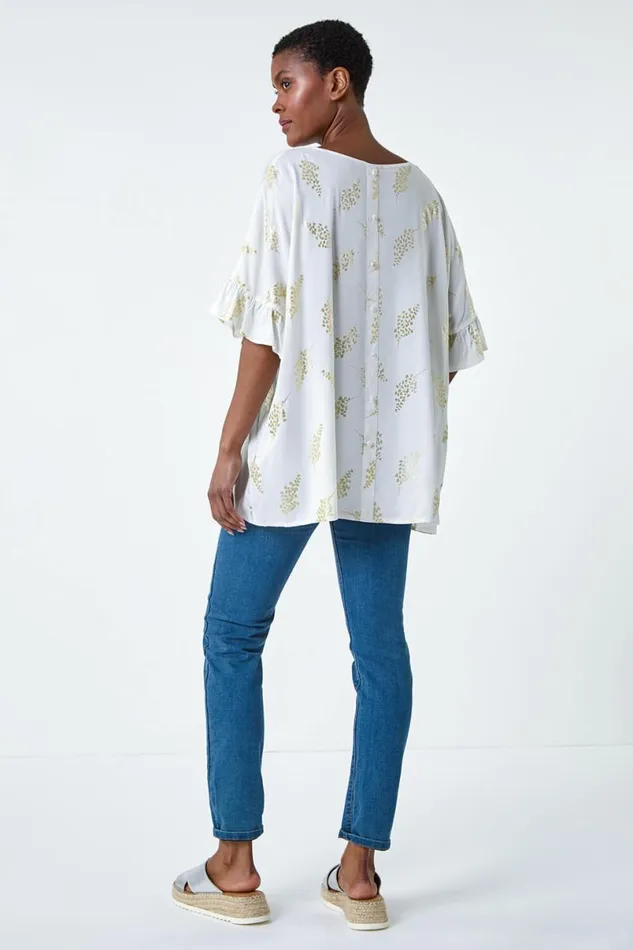 Ivory Metallic Foil Floral Button Back Top Women Roman Tops