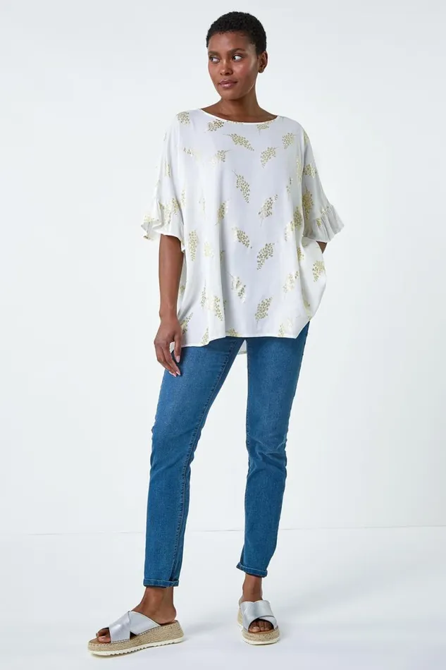 Ivory Metallic Foil Floral Button Back Top Women Roman Tops