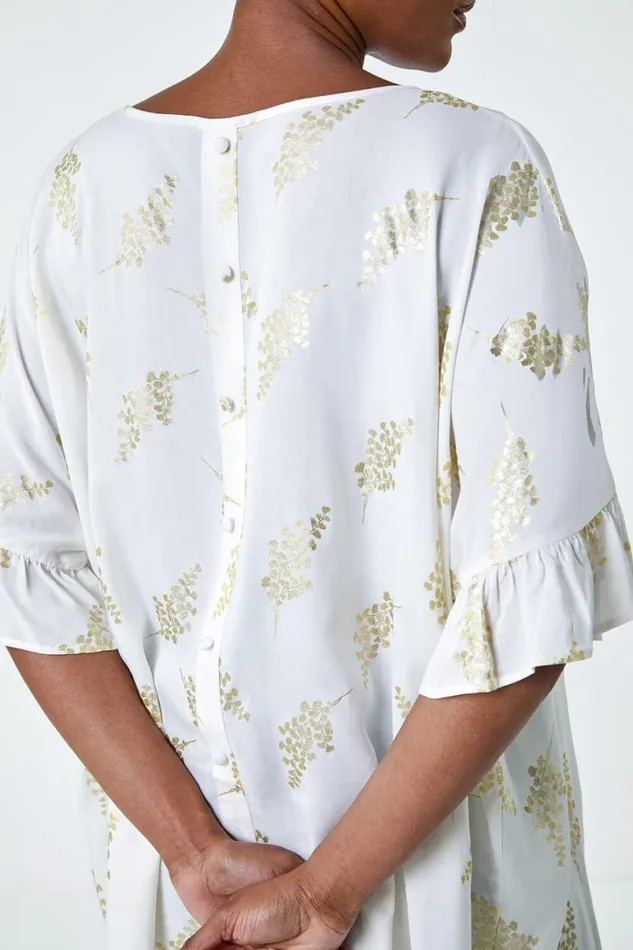 Ivory Metallic Foil Floral Button Back Top Women Roman Tops