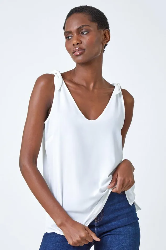 Ivory Tie Detail Strap Chiffon Cami Top Women Roman Tops