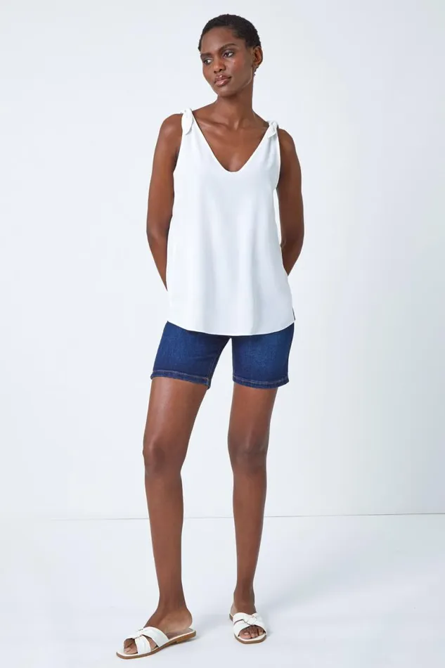Ivory Tie Detail Strap Chiffon Cami Top Women Roman Tops