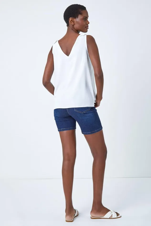Ivory Tie Detail Strap Chiffon Cami Top Women Roman Tops