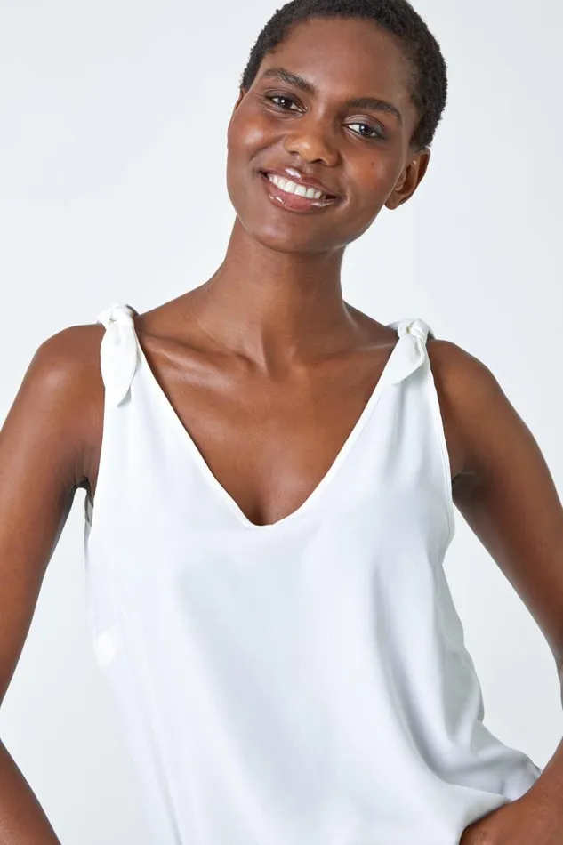 Ivory Tie Detail Strap Chiffon Cami Top Women Roman Tops