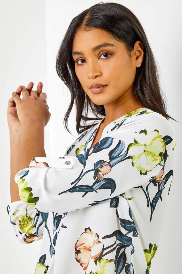 Ivory VNeck Longline Button Detail Floral Tunic Top Women Roman Tops