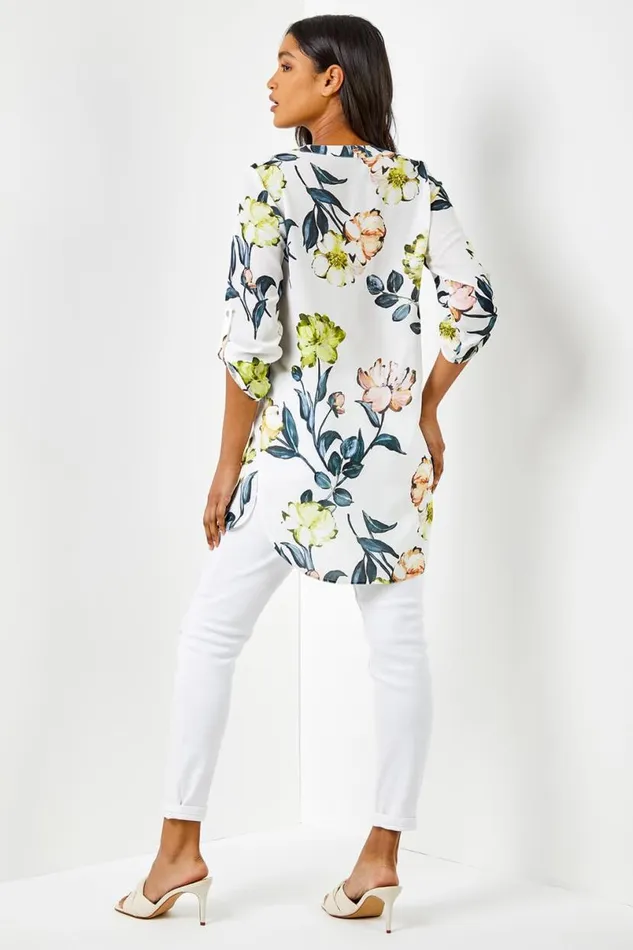 Ivory VNeck Longline Button Detail Floral Tunic Top Women Roman Tops