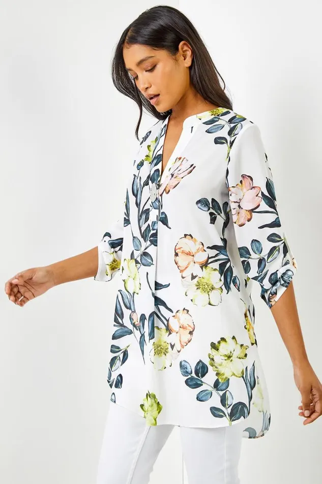 Ivory VNeck Longline Button Detail Floral Tunic Top Women Roman Tops