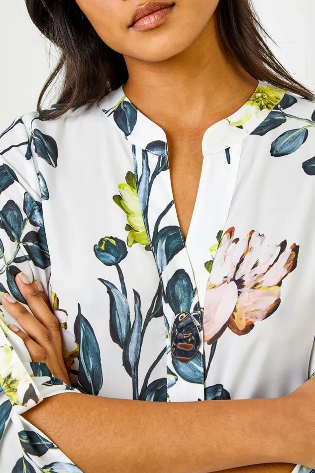 Ivory VNeck Longline Button Detail Floral Tunic Top Women Roman Tops