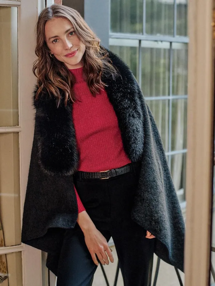 JMcLaughlin Bianca Cape With Faux Fur Collar Black Women Jackets and Outerwear