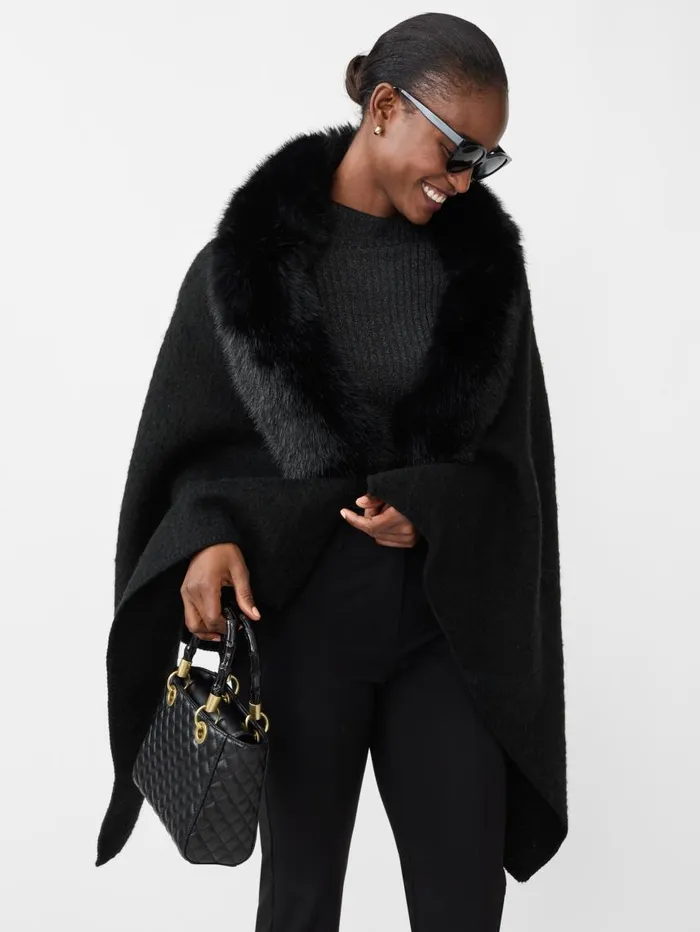 JMcLaughlin Bianca Cape With Faux Fur Collar Black Women Jackets and Outerwear JMcLaughlin Bianca Cape With Faux Fur Collar Black Women Jackets and Outerwear