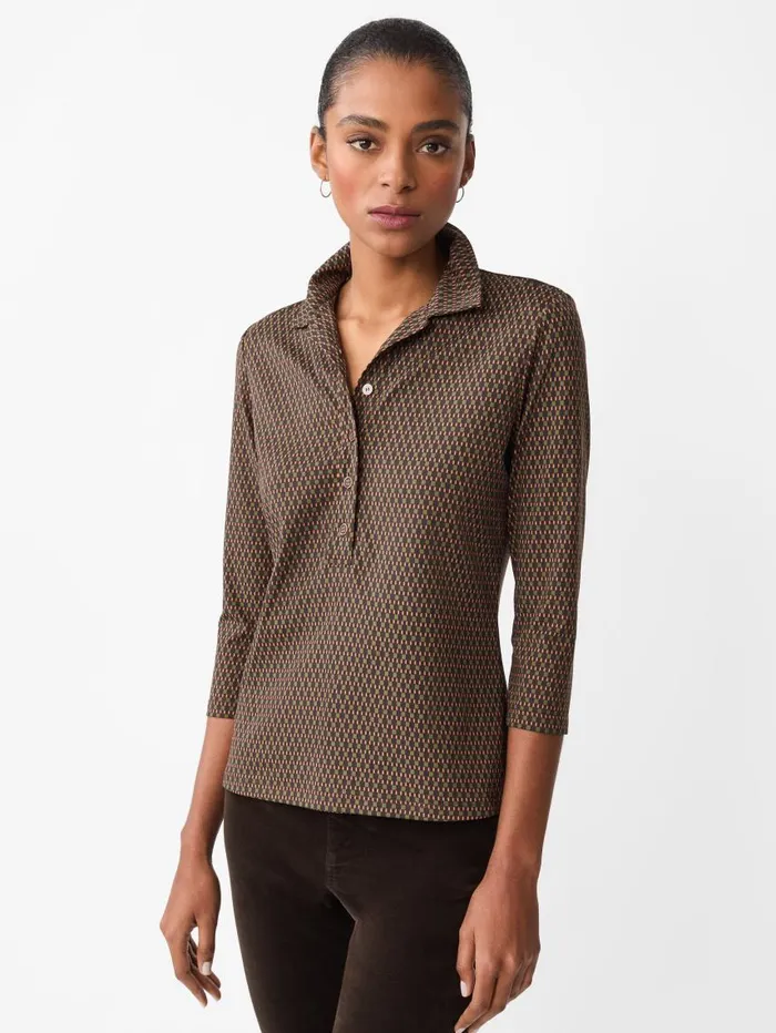 JMcLaughlin Court 34 Sleeve Polo In Rubiks Check Brownolive Women Shirts and Tops