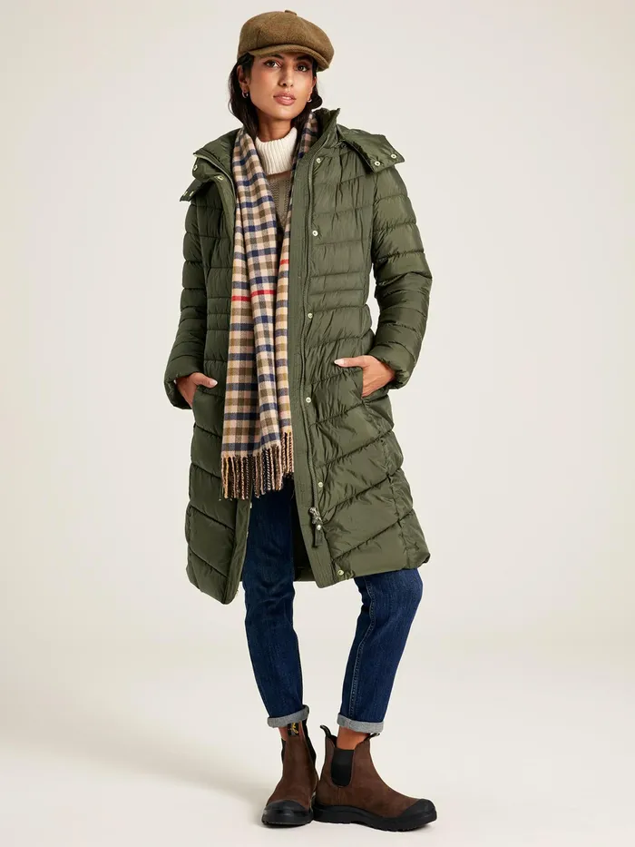 Joules Coats and Jackets Khaki Green Showerproof Long Padded Coat With Hood 8211 Women