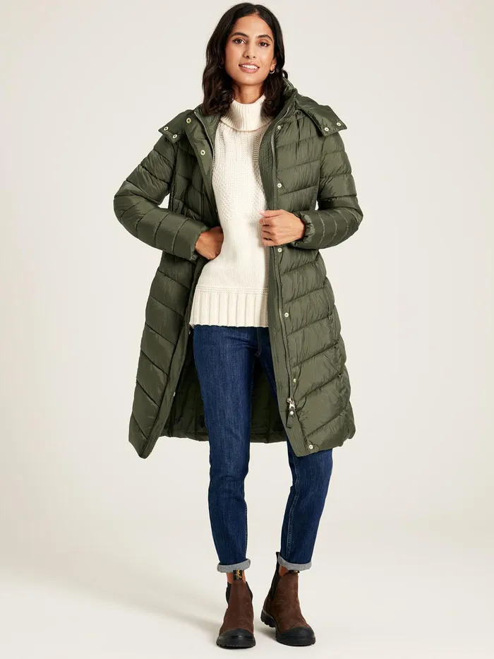 Joules Coats and Jackets Khaki Green Showerproof Long Padded Coat With Hood 8211 Women