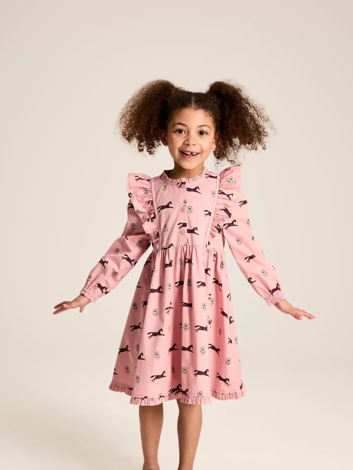 Joules Dresses Pink Horse Print Long Sleeve Frilled Dress 8211 Girls