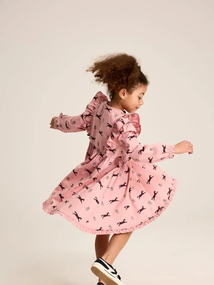 Joules Dresses Pink Horse Print Long Sleeve Frilled Dress 8211 Girls