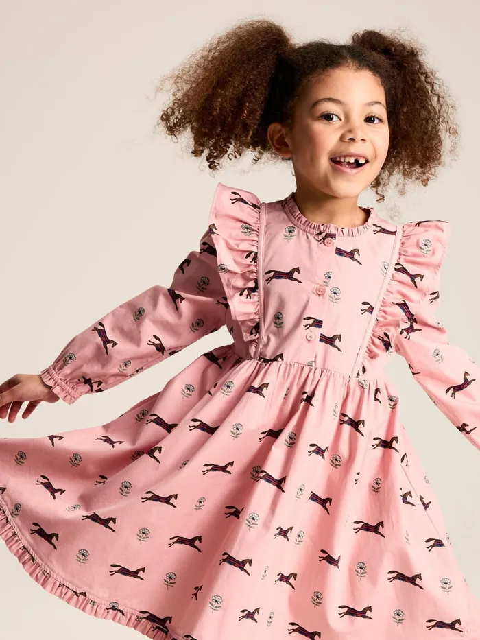 Joules Dresses Pink Horse Print Long Sleeve Frilled Dress 8211 Girls