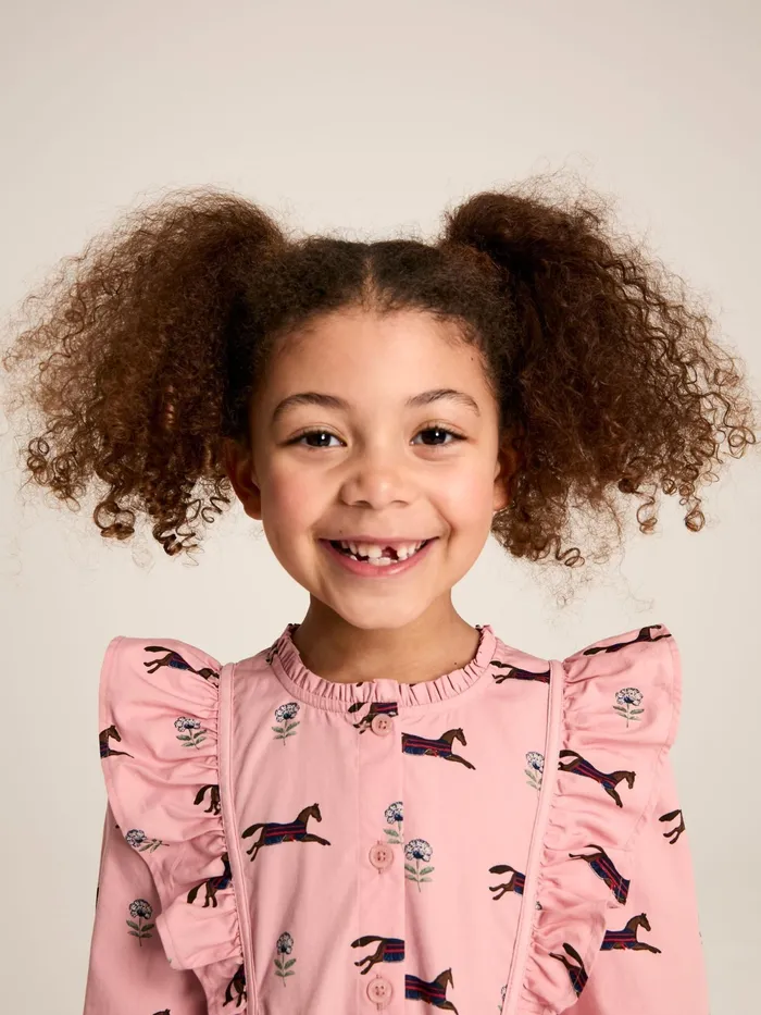 Joules Dresses Pink Horse Print Long Sleeve Frilled Dress 8211 Girls