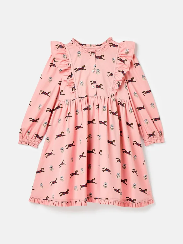 Joules Dresses Pink Horse Print Long Sleeve Frilled Dress 8211 Girls