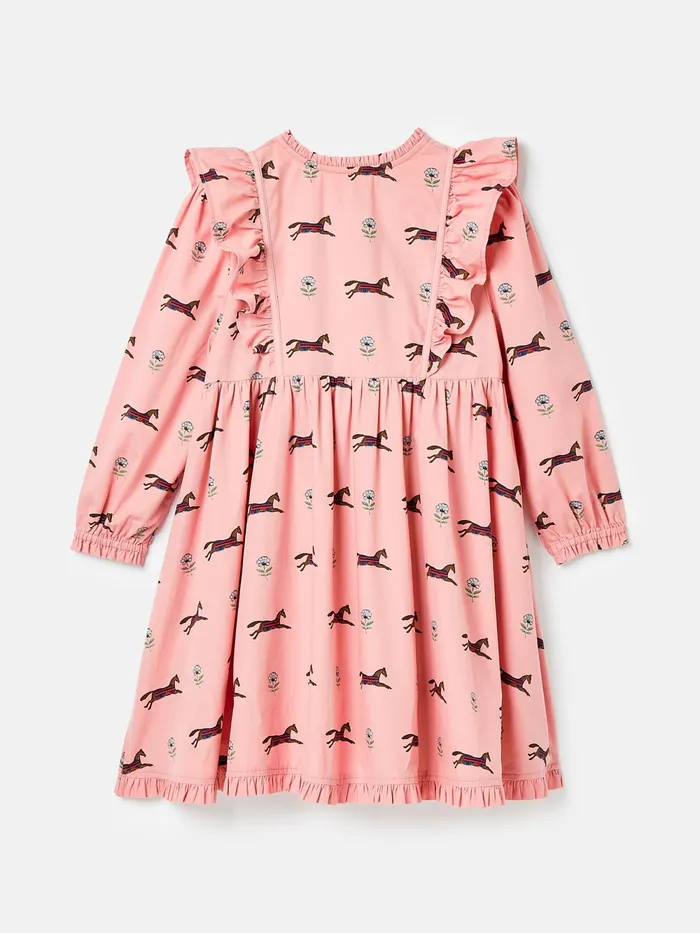 Joules Dresses Pink Horse Print Long Sleeve Frilled Dress 8211 Girls