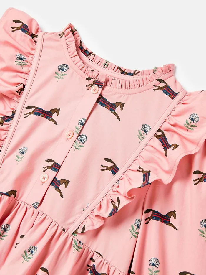 Joules Dresses Pink Horse Print Long Sleeve Frilled Dress 8211 Girls